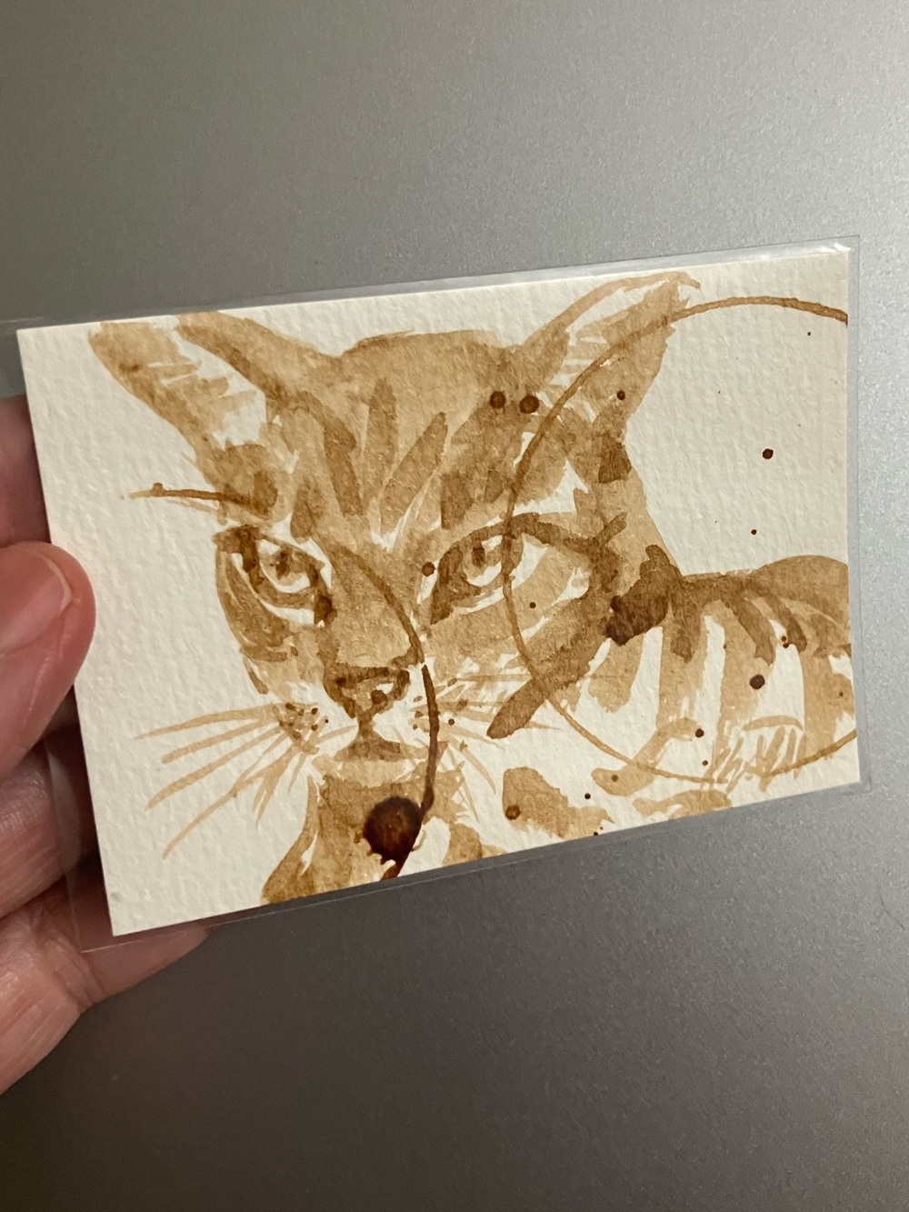 ORIGINAL coffee tabby cat painting aceo feline art fun animal artwork Artettina